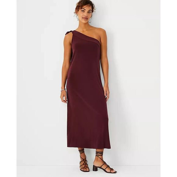 Ann Taylor Dress Womens XS Burgundy‎ Bow One Shoulder Stretch Midi Wedding NWT - Picture 1 of 7